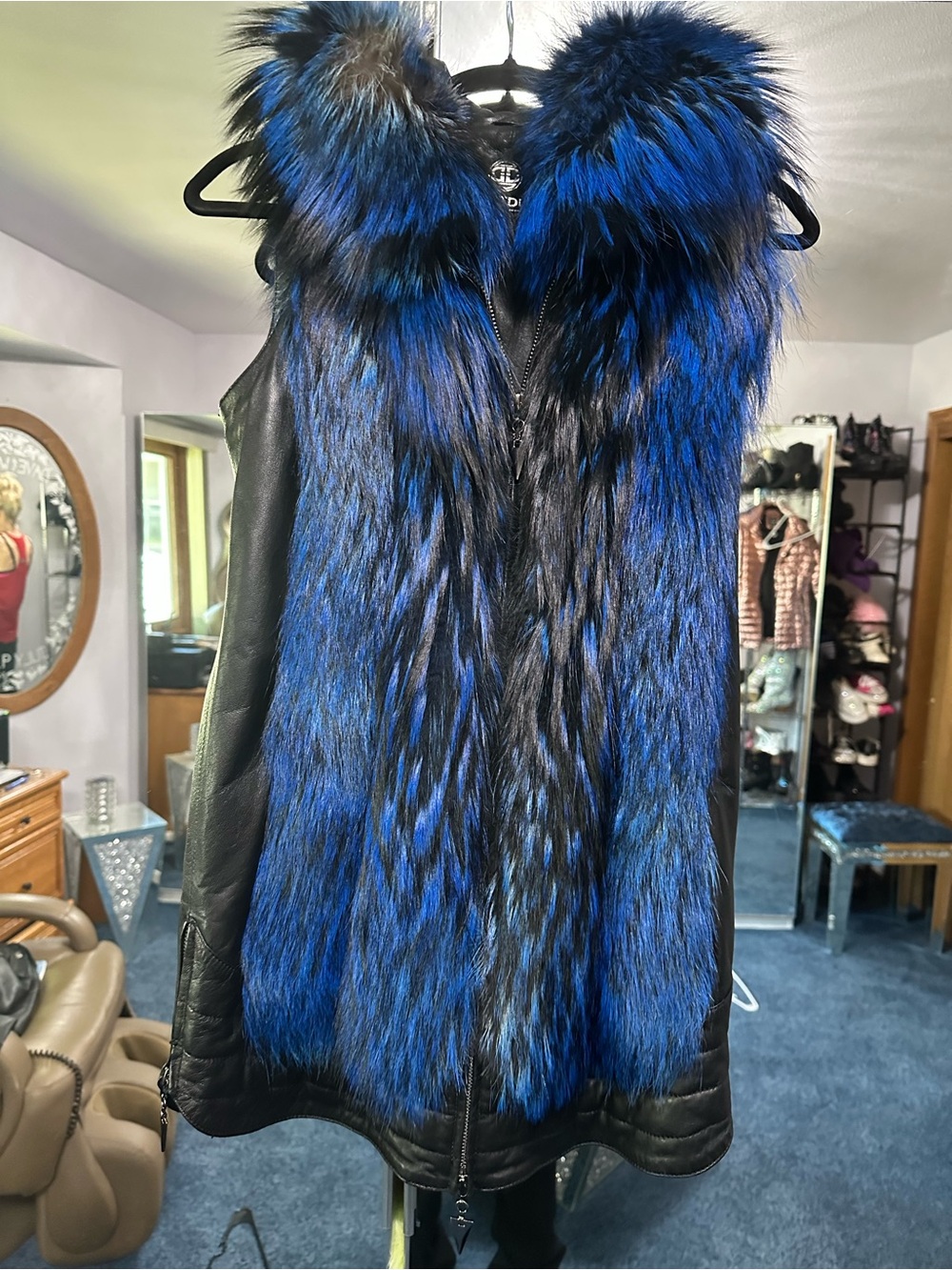 Blue & Black Fox REAL Fur Leather jacket  Vest with hood NEW